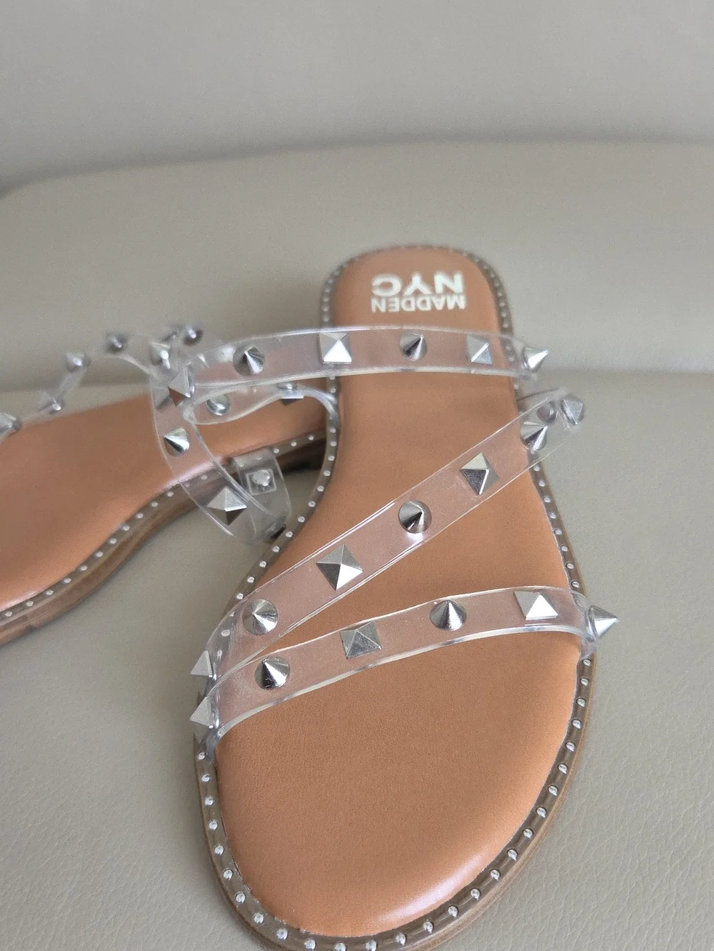 Steve Madden Clear Studded Slide Sandals in Tan